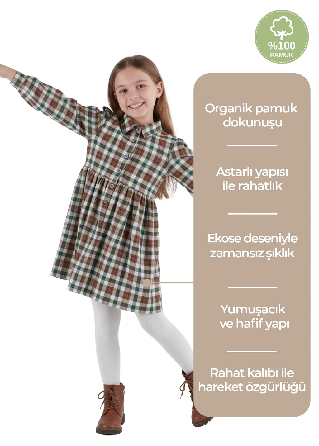 Organik Pamuk Ekose Kışlık Kız Çocuk Elbise