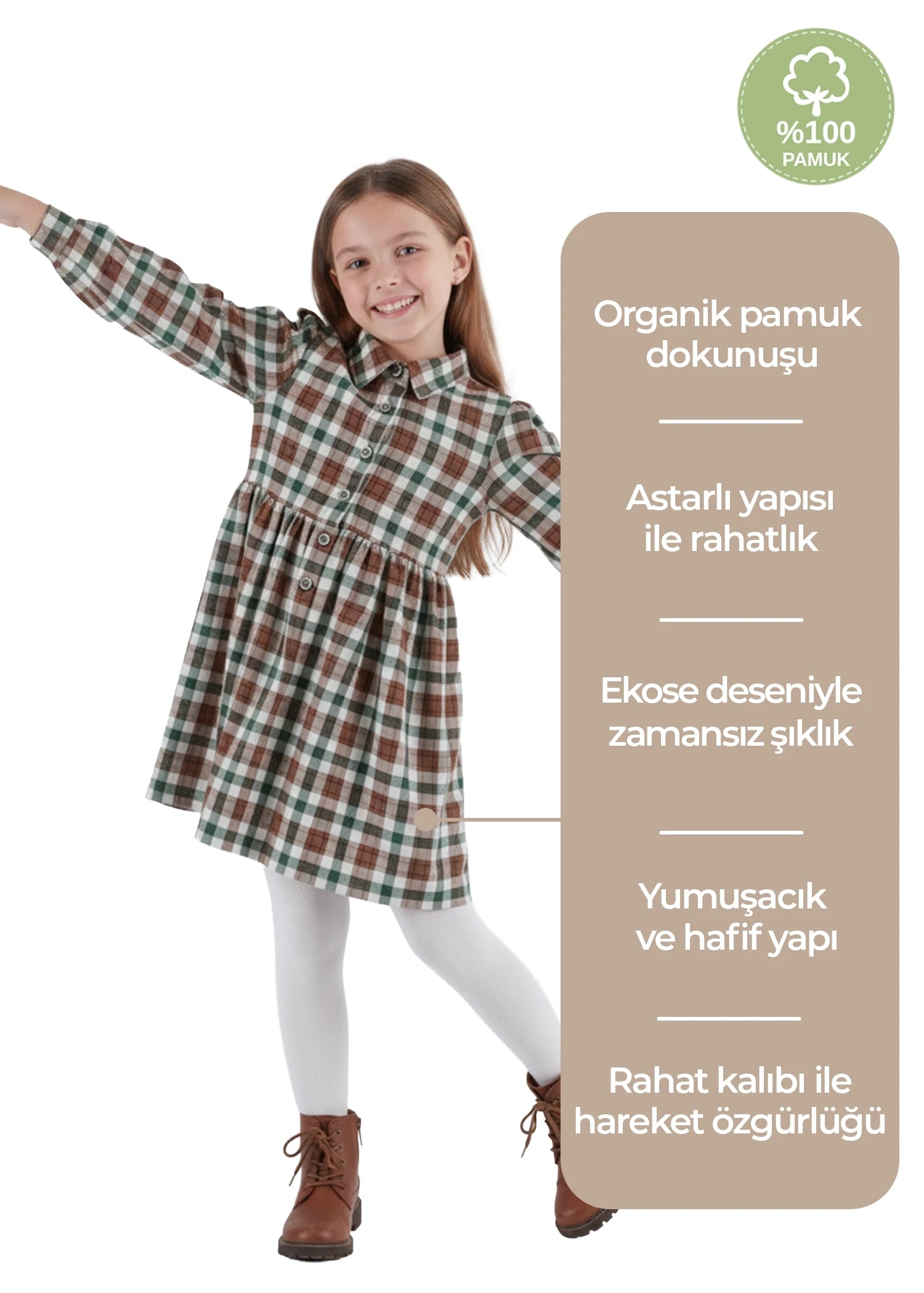 Organik Pamuk Ekose Kışlık Kız Çocuk Elbise