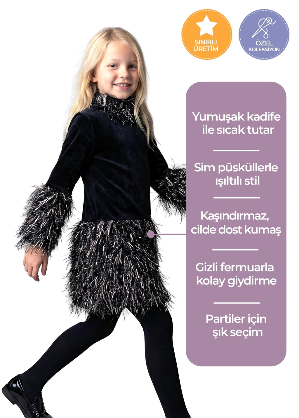 Sim Püsküllü Siyah Kadife Kız Çocuk Abiye Parti Elbisesi