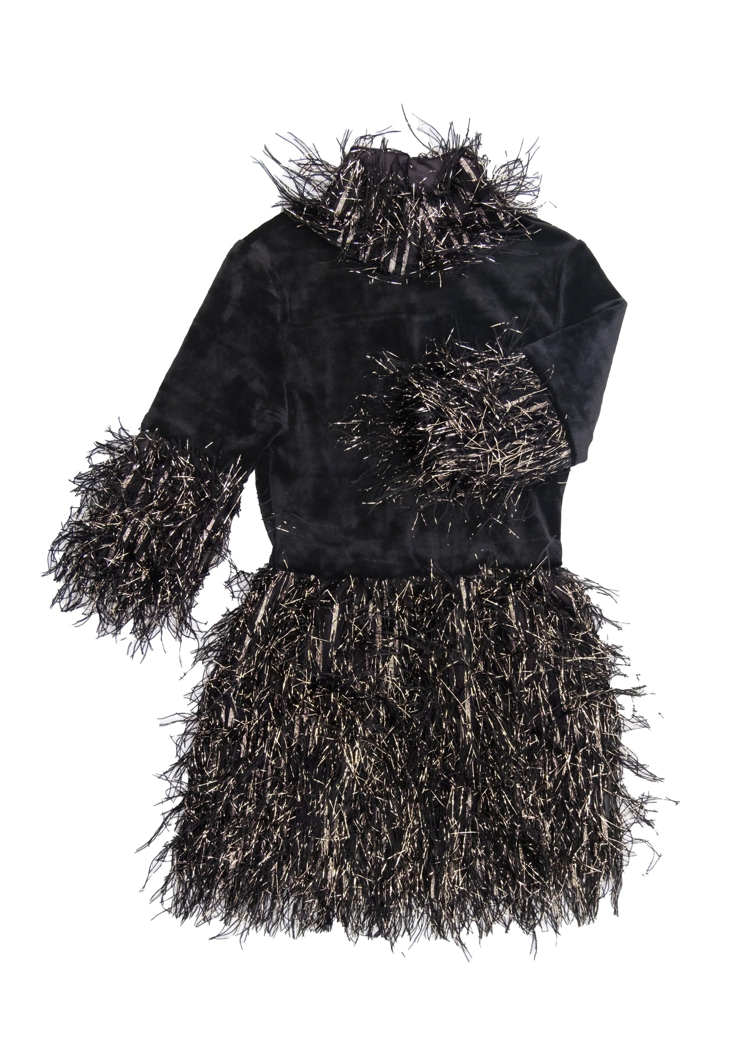 Sim Püsküllü Siyah Kadife Kız Çocuk Abiye Parti Elbisesi