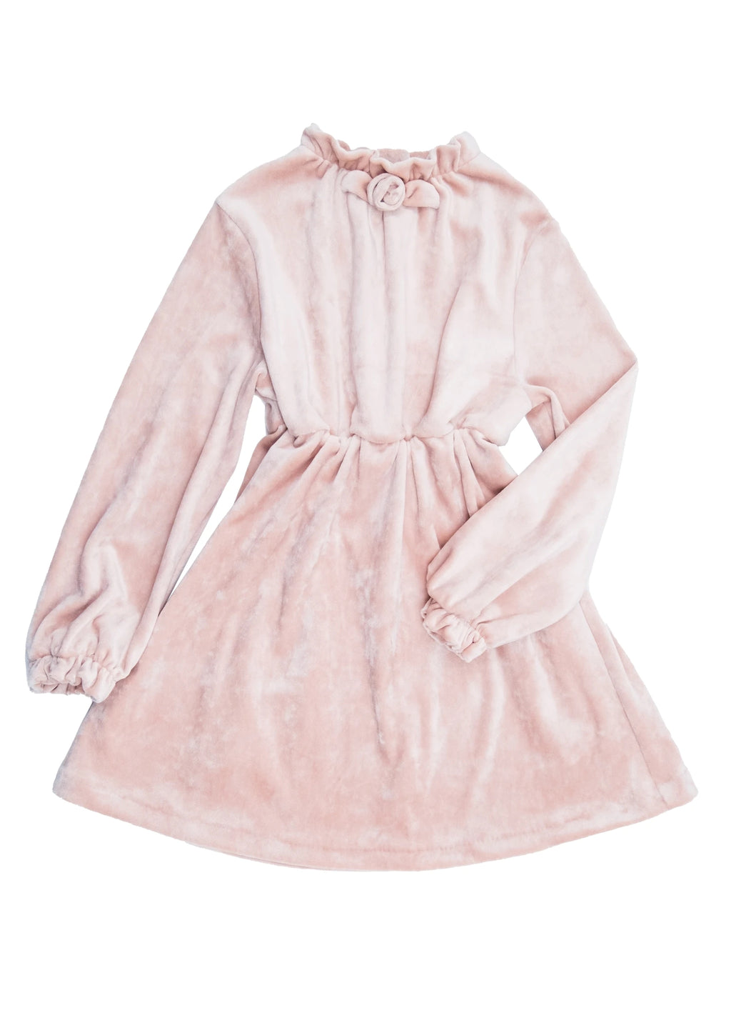 Yarım Boğazlı Yumuşacık Pudra Pembe Kadife Kız Çocuk Elbise