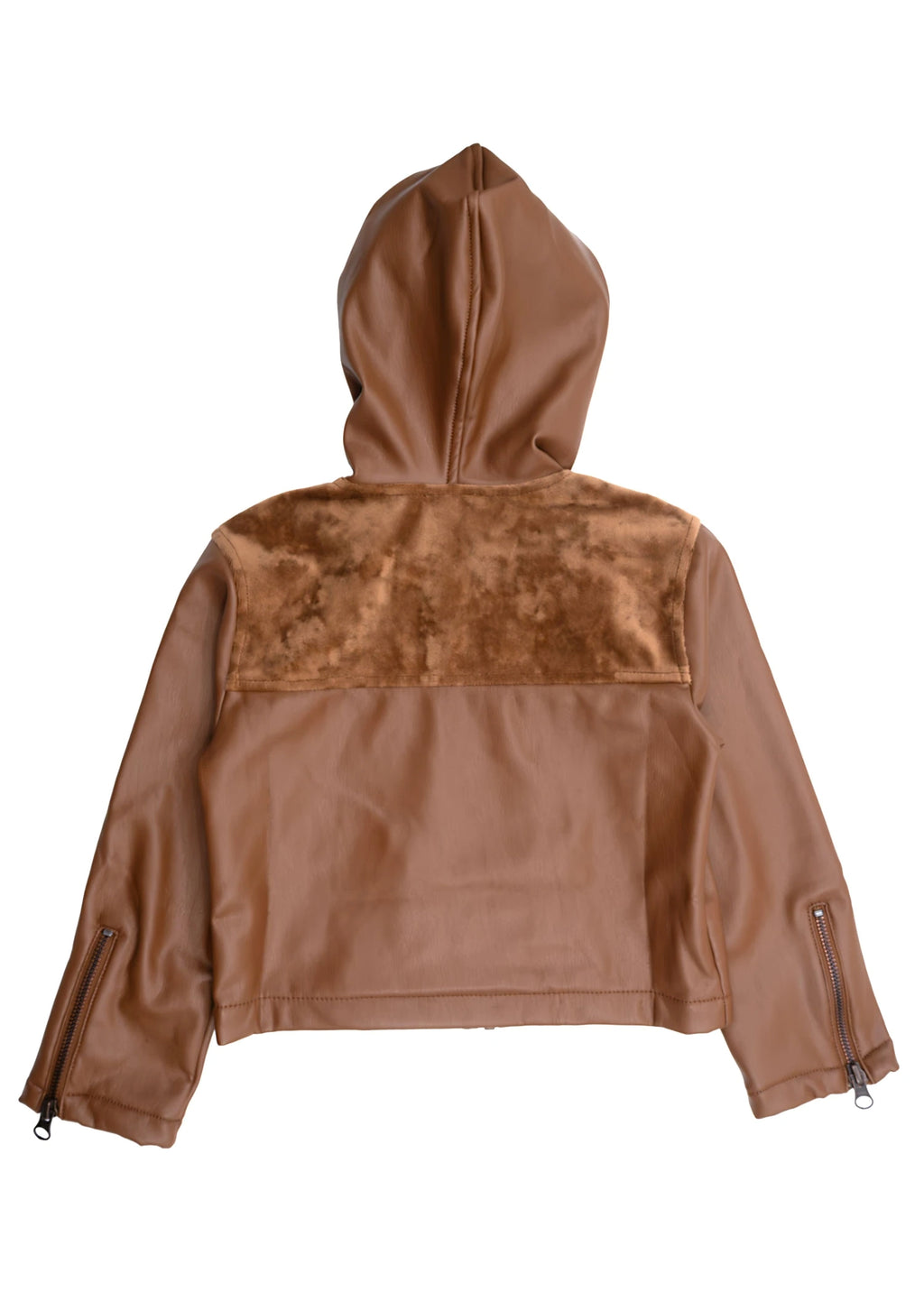 Karamel Suni Deri Kadife Detaylı Kapüşonlu Kız Çocuk Mont | Kışlık Premium Tasarım