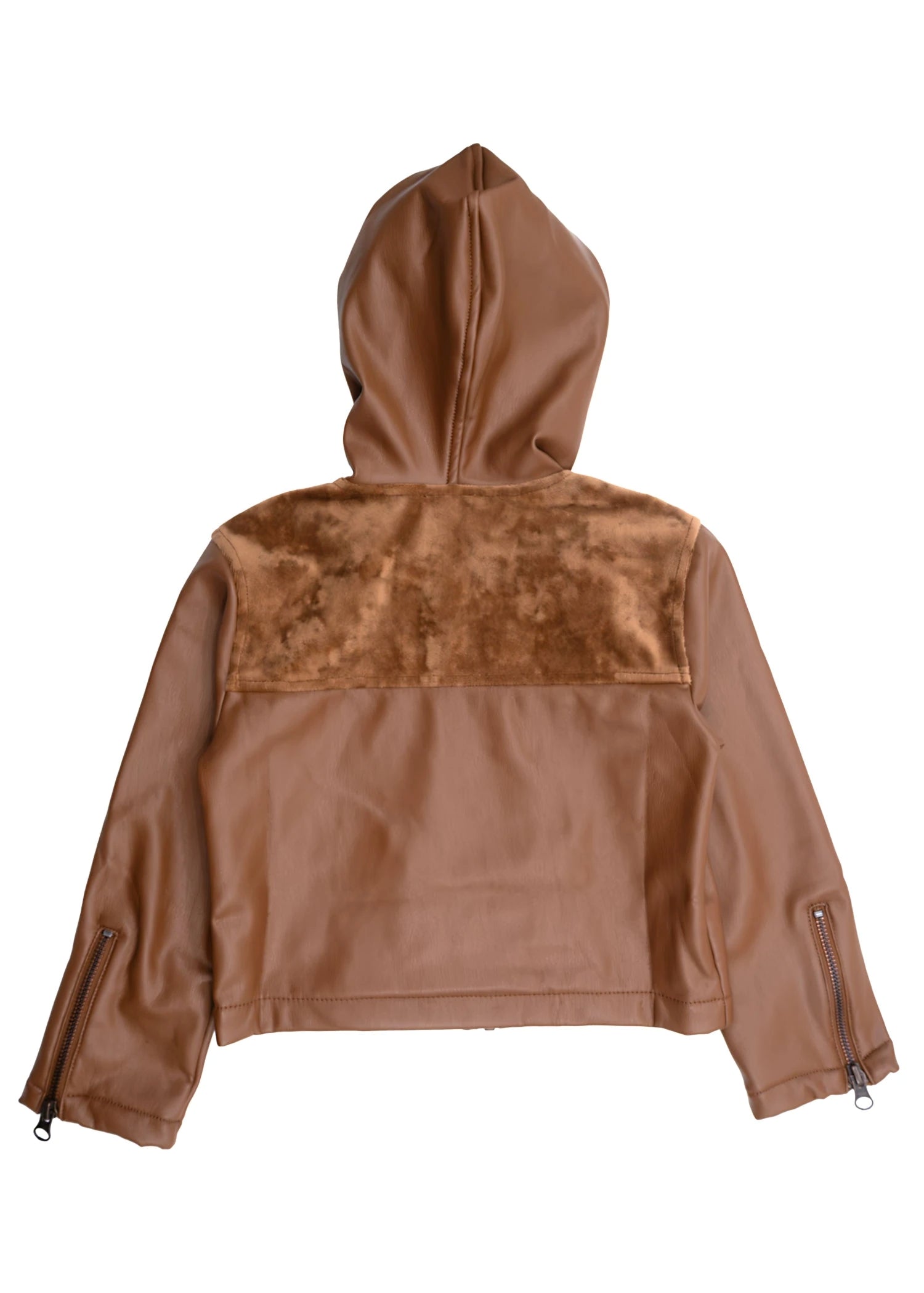 Karamel Suni Deri Kadife Detaylı Kapüşonlu Kız Çocuk Mont | Kışlık Premium Tasarım