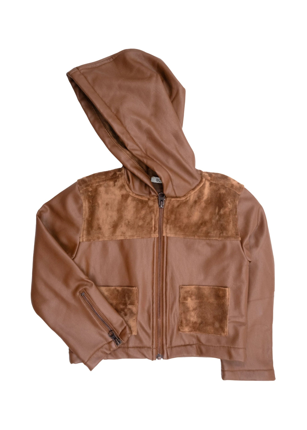 Karamel Suni Deri Kadife Detaylı Kapüşonlu Kız Çocuk Mont | Kışlık Premium Tasarım