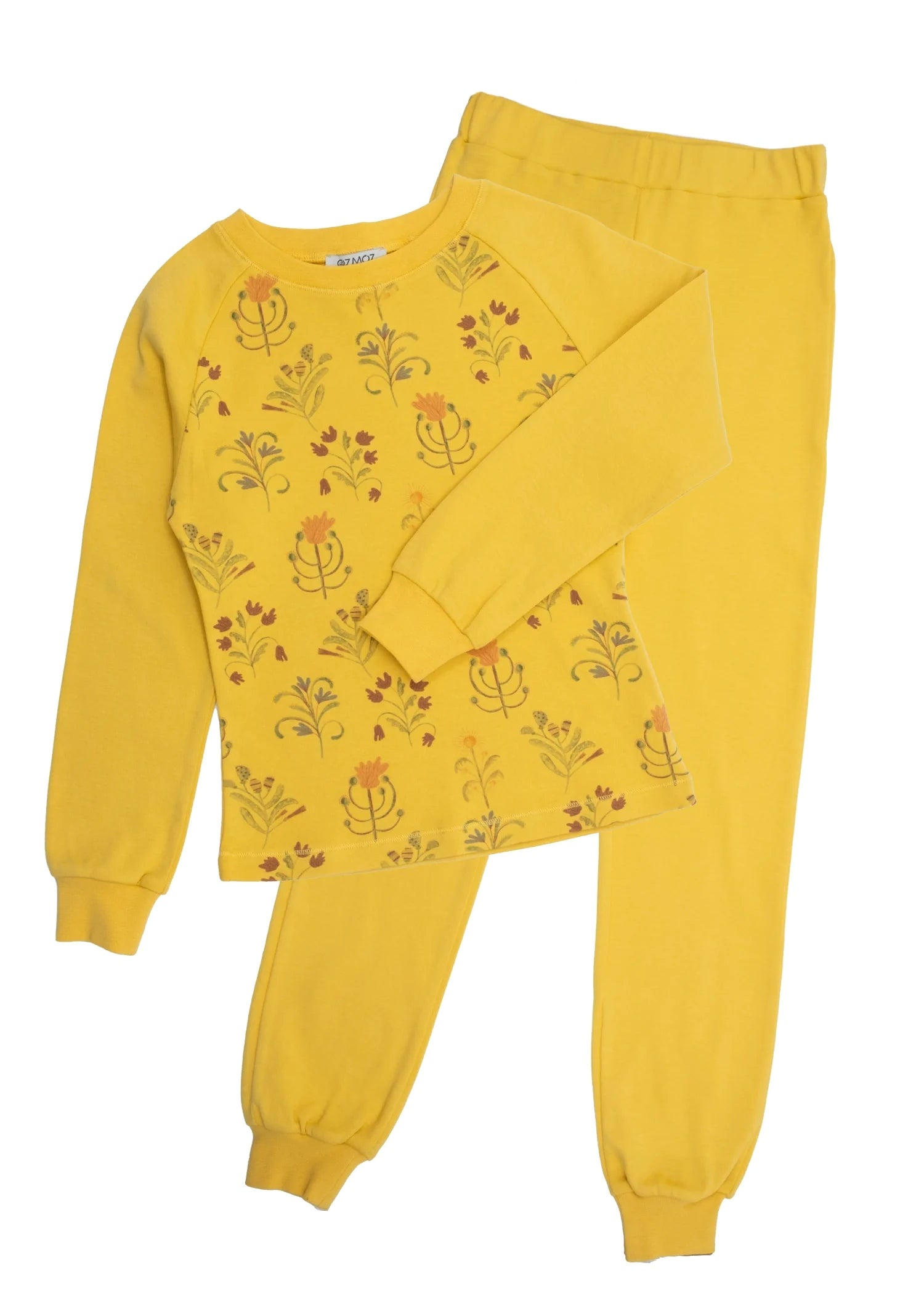 Organik pamuk sarı kız çocuk ikili takım – çiçek baskılı sweatshirt ve eşofman altı