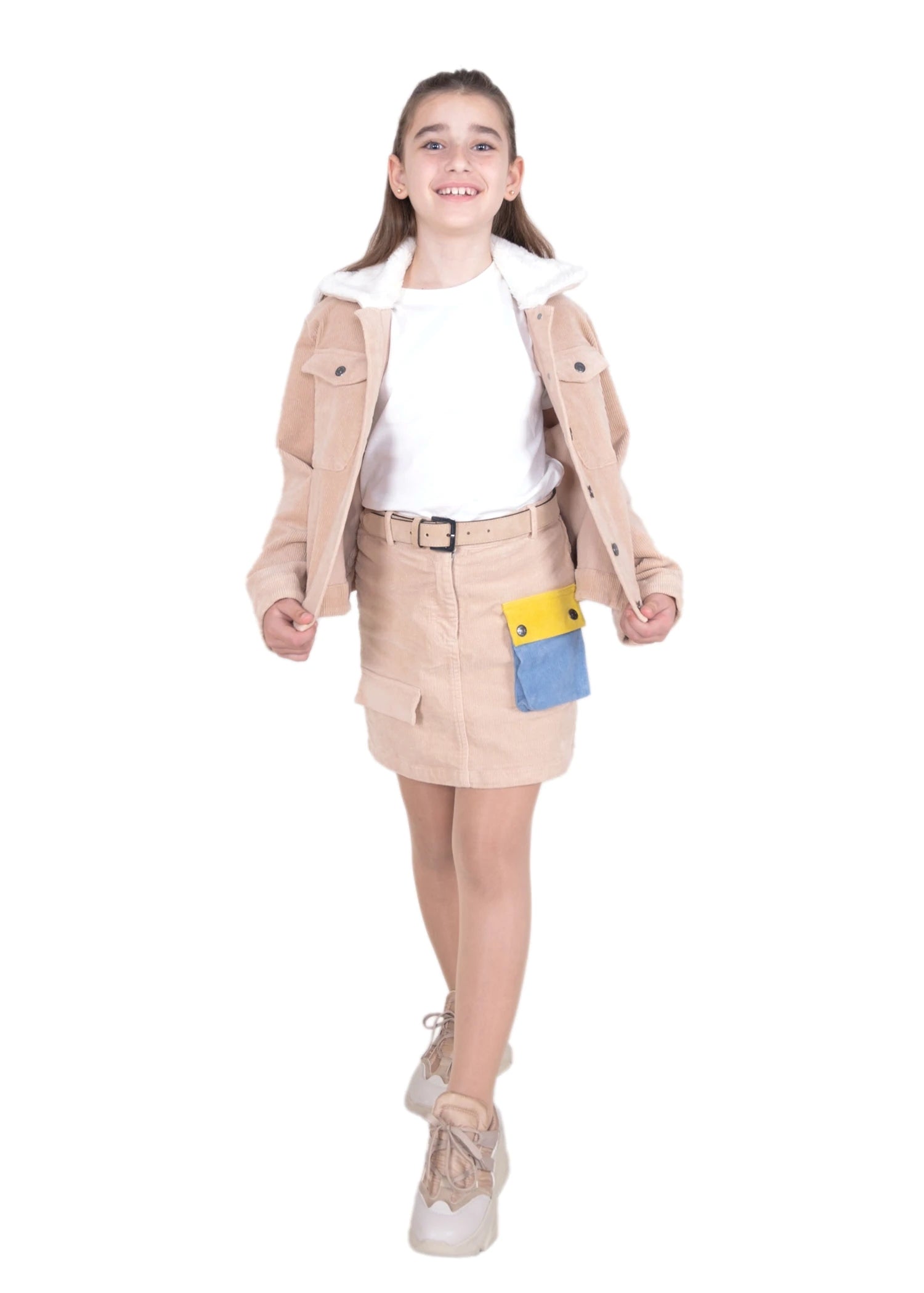 Fitilli Kadife Krem Kız Çocuk Etek | Kışlık Kombin Cep Detaylı