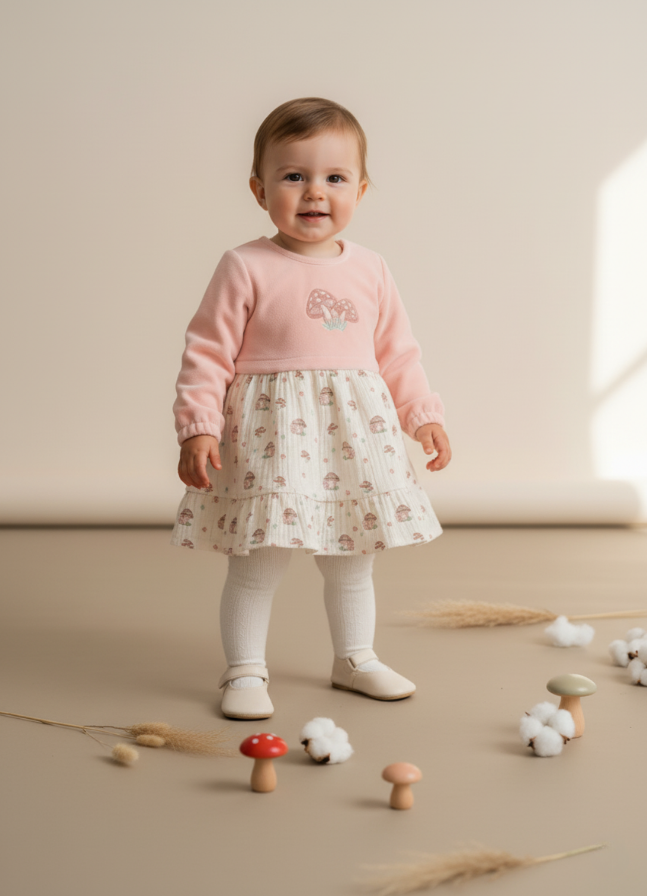 Organik Pamuk Pudra Kadife Üst & Mantar Desenli Etekli Bebek Elbise