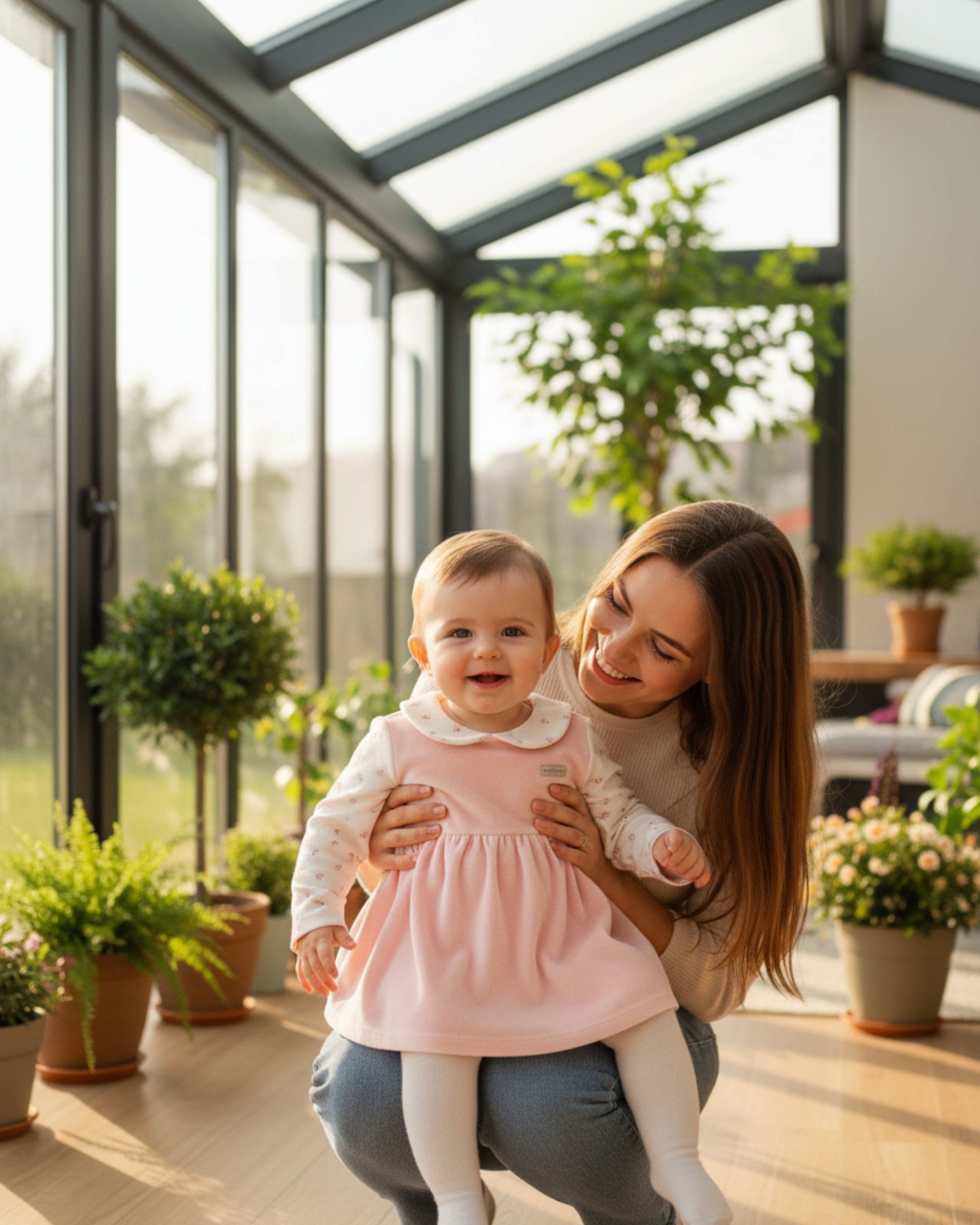 Organik Pamuk Kadife Üst & Çiçek Desenli Bebek Elbise – Pembe Tonlar