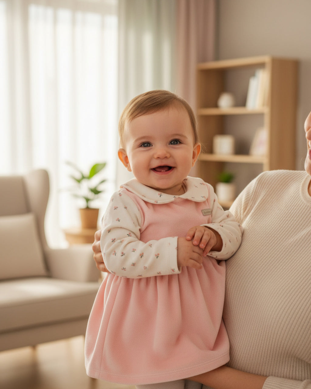 Organik Pamuk Kadife Üst & Çiçek Desenli Bebek Elbise – Pembe Tonlar