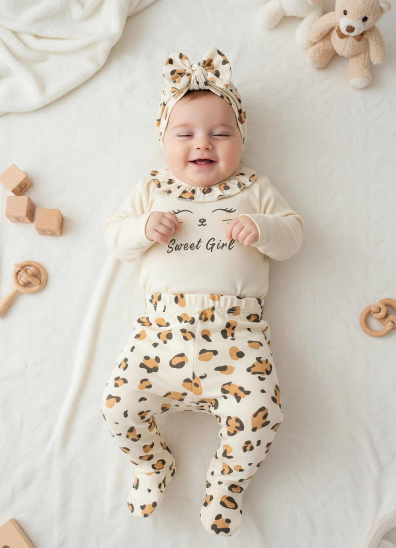 Organik Pamuk Leopar 3’lü Takım Natural (Body + Pantolon + Saç Bonesi)