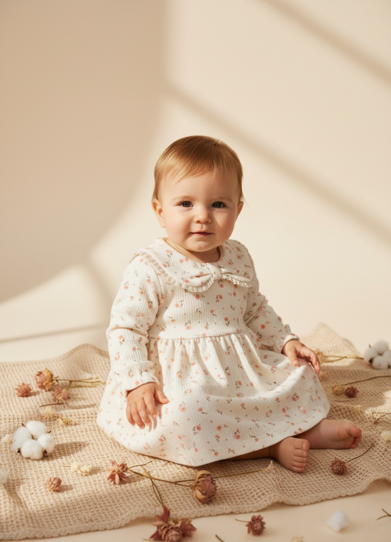 Organik Pamuk Dantel Yakalı Çiçek Desenli Bebek Elbise – Natural Tonlar