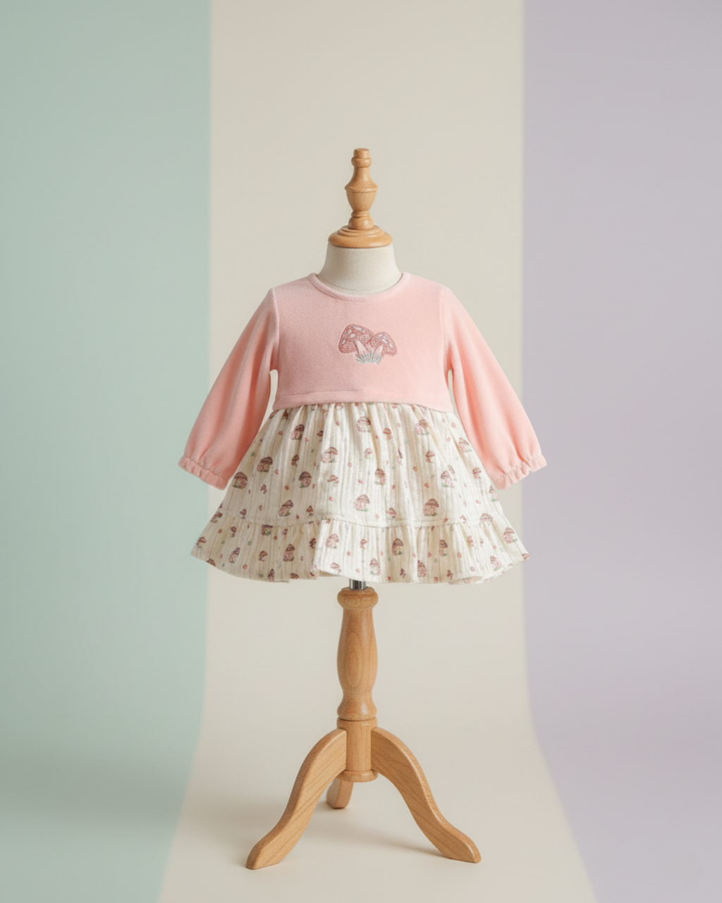Organik Pamuk Pudra Kadife Üst & Mantar Desenli Etekli Bebek Elbise