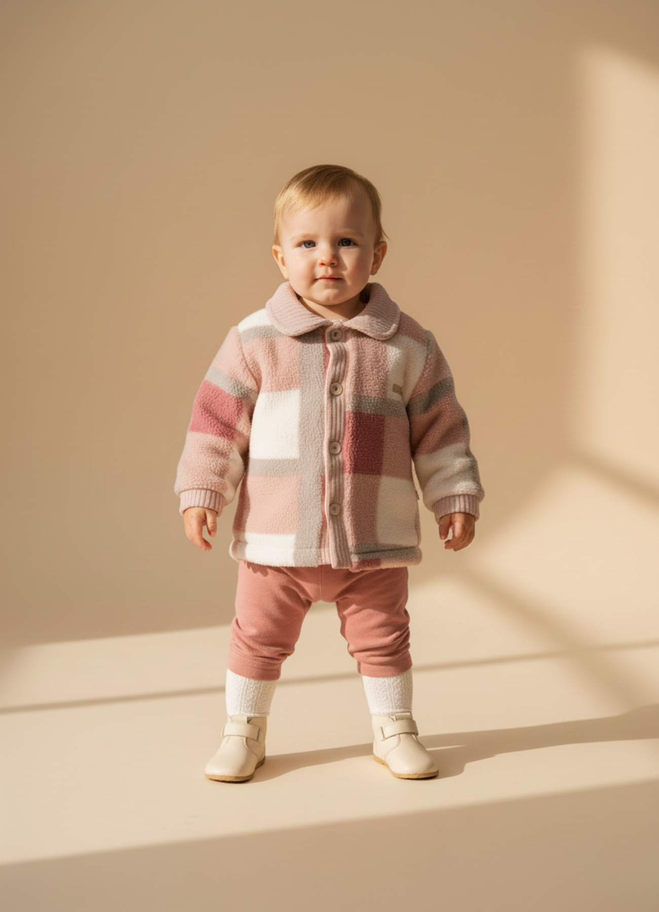 Pastel Kare Desenli Kadife Dokulu Pembe Ceket – Yumuşacık Puffie