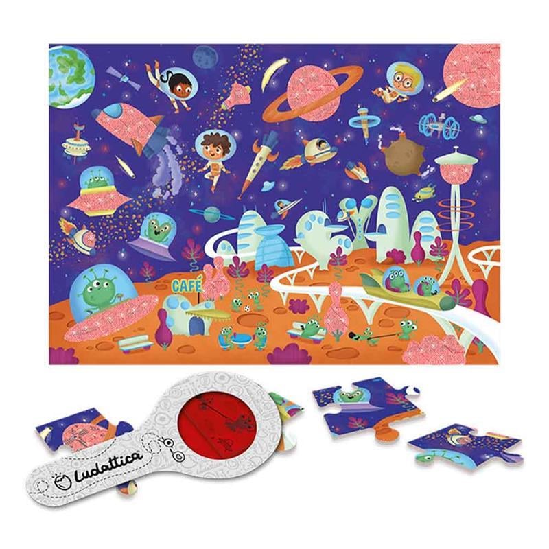 Secret Puzzle Space – Uzay Keşfi Puzzle | 24 Parça | Özel Büyüteçli Eğitici Set