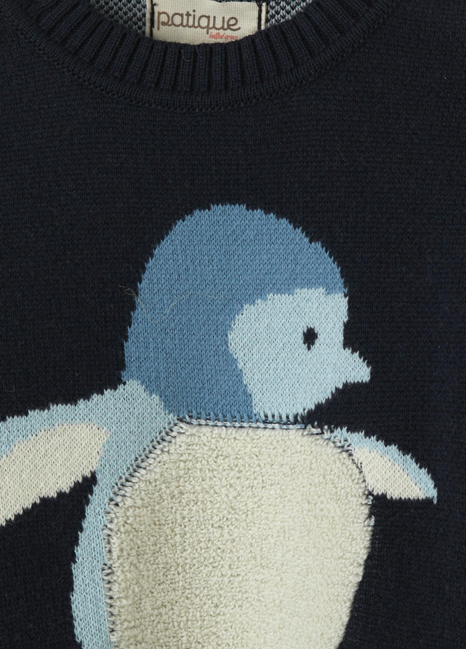 Organik Pamuk Lacivert Penguen Desenli Triko Bebek Kazak