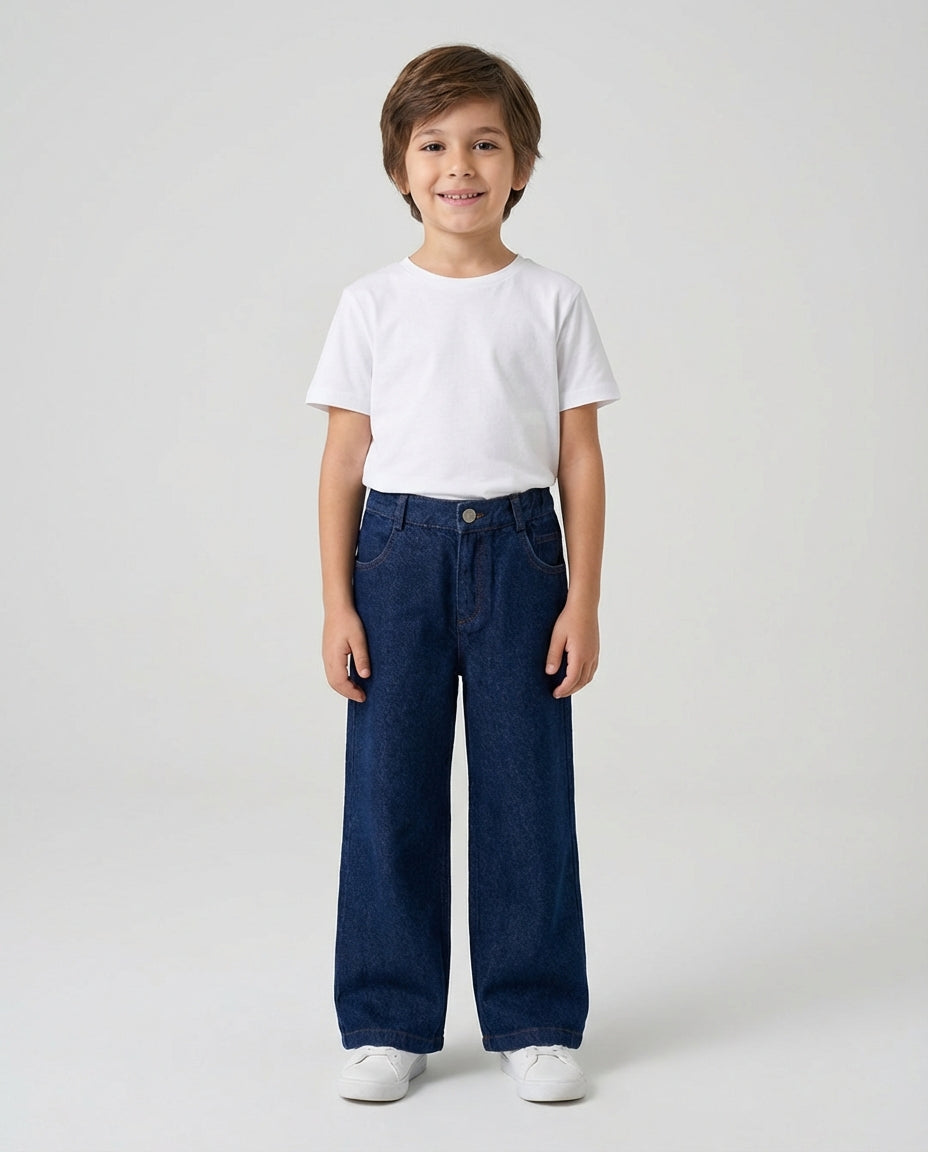 Ozmoz lacivert rahat kesim pamuk erkek çocuk denim pantolon 3-12 yaş wide leg