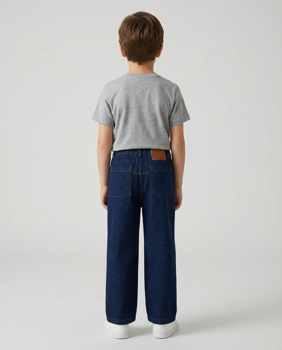 Ozmoz lacivert denim pantolon arka görünüm deri logo etiket erkek çocuk 3-12 yaş