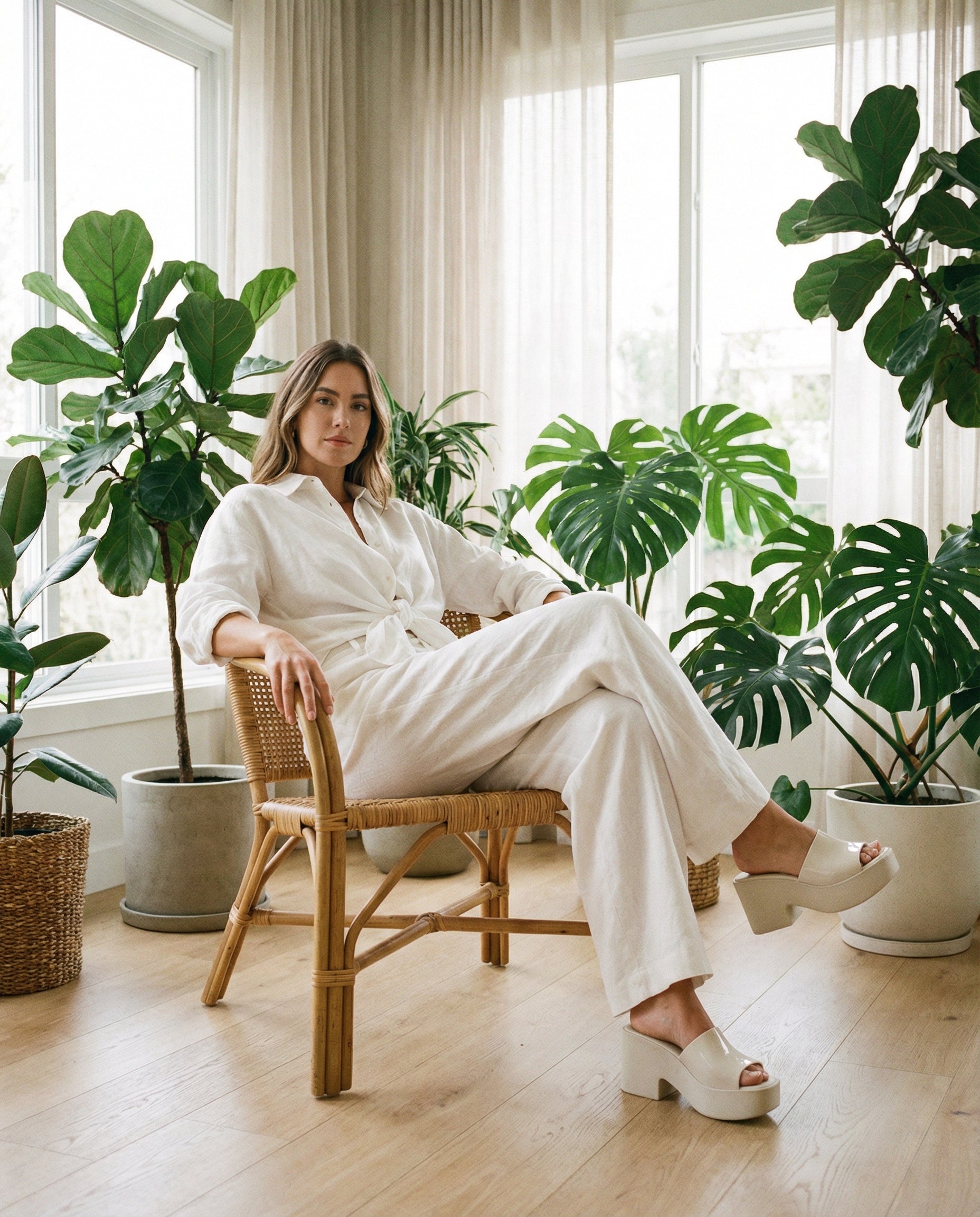 Beyaz keten pantolon ve gömlek kombini ile oturan bir mankenin ayağındaki krem Melissa Posh platform sabo terlikler; aydınlık ve minimalist bir iç mekanda genel plan yaşam tarzı fotoğrafı.