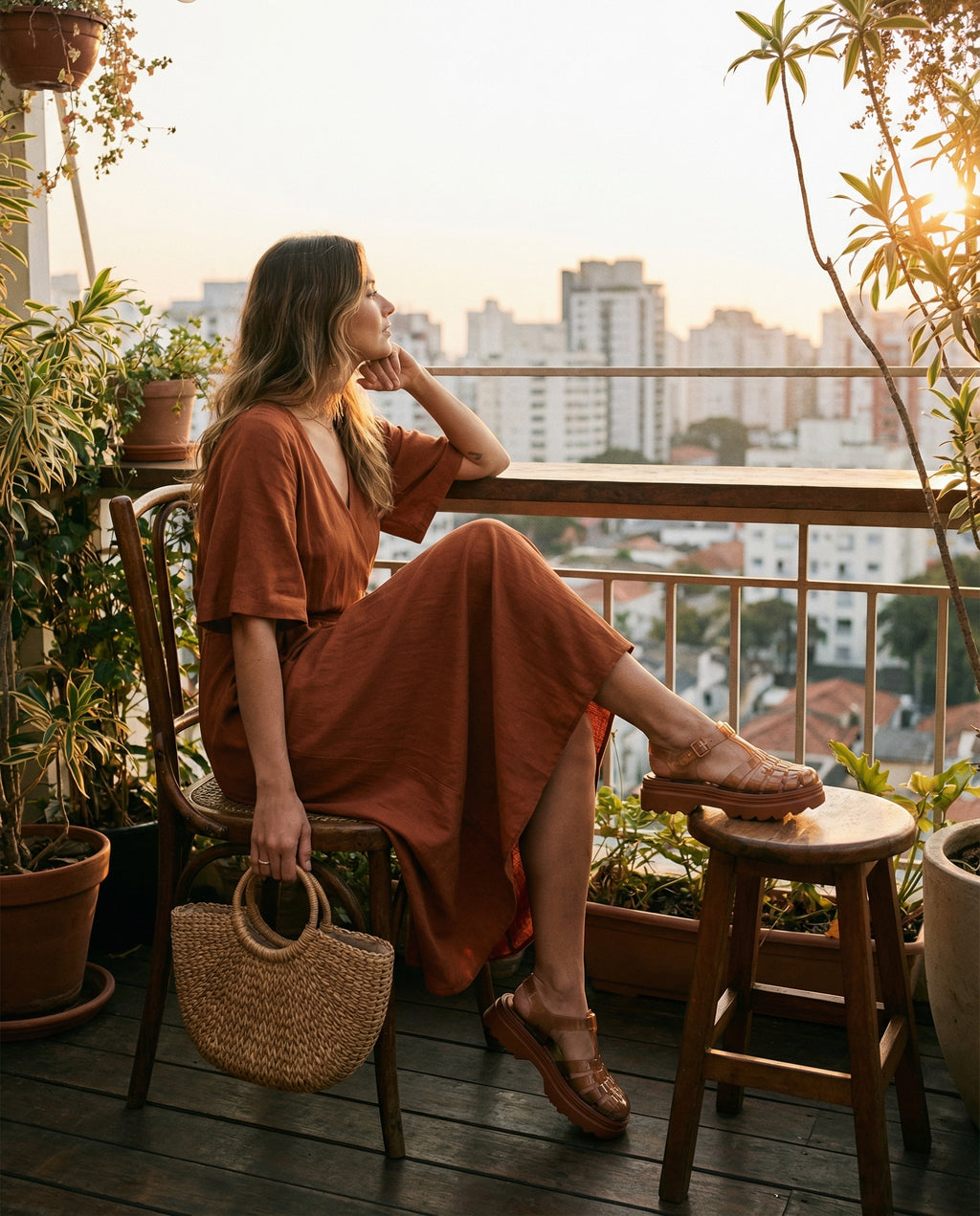 Kiremit rengi elbise ve hasır çanta ile terasta oturan bir mankenin ayağındaki şeffaf kahverengi Melissa Possession Platform II platform sandaletler; gün batımında genel plan yaşam tarzı fotoğrafı.