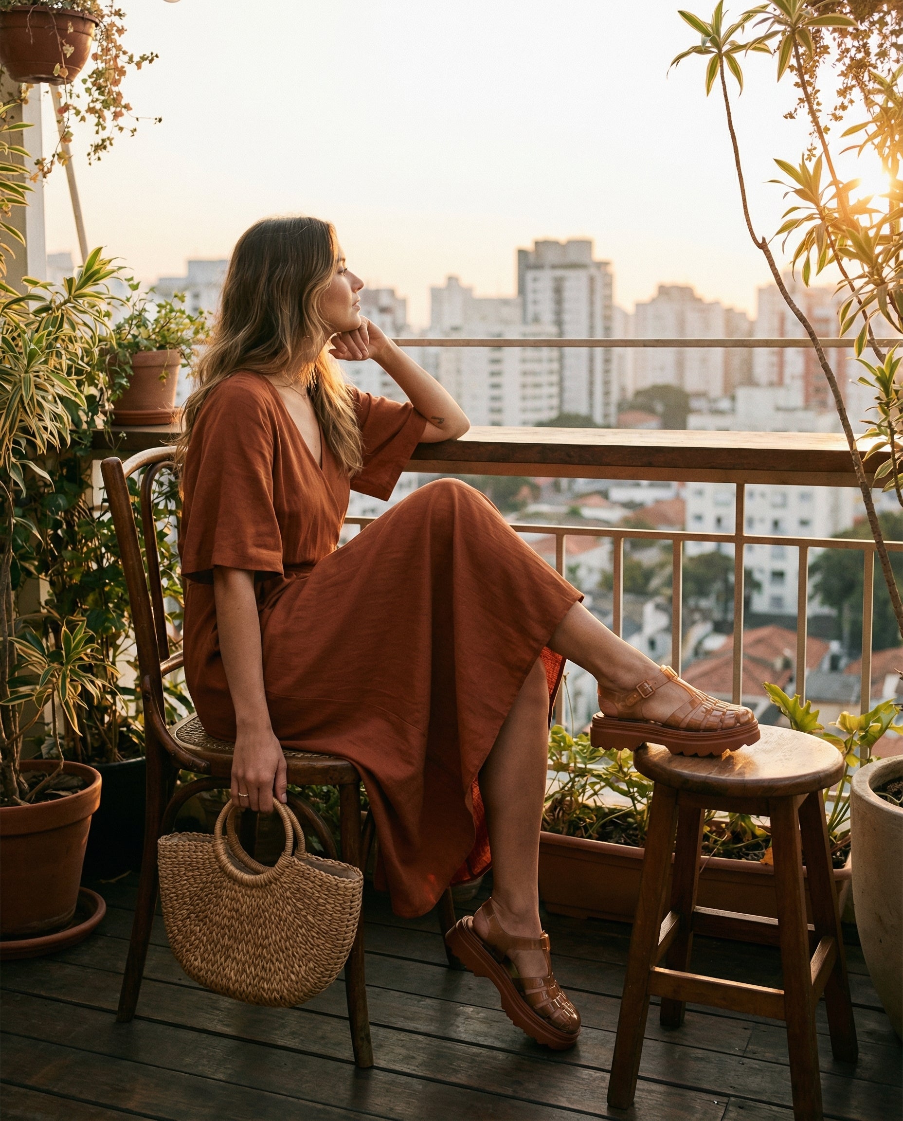 Kiremit rengi elbise ve hasır çanta ile terasta oturan bir mankenin ayağındaki şeffaf kahverengi Melissa Possession Platform II platform sandaletler; gün batımında genel plan yaşam tarzı fotoğrafı.