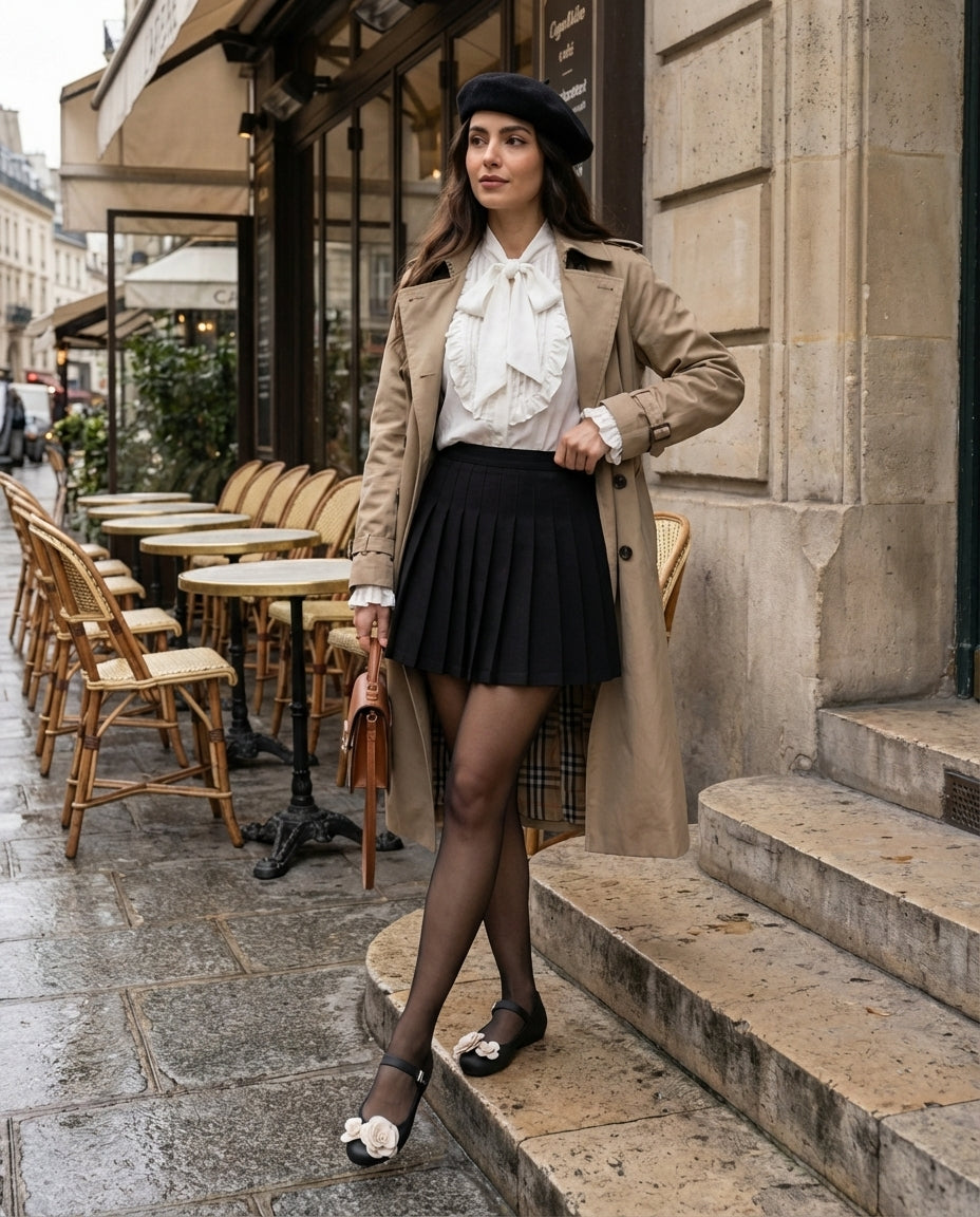 Siyah etek ve beyaz bluz kombini ile tarihi bir binanın önünde duran bir kadının ayağındaki siyah güllü Melissa Soft Ballerina Petals babetler; genel plan romantik şehir stili fotoğrafı.