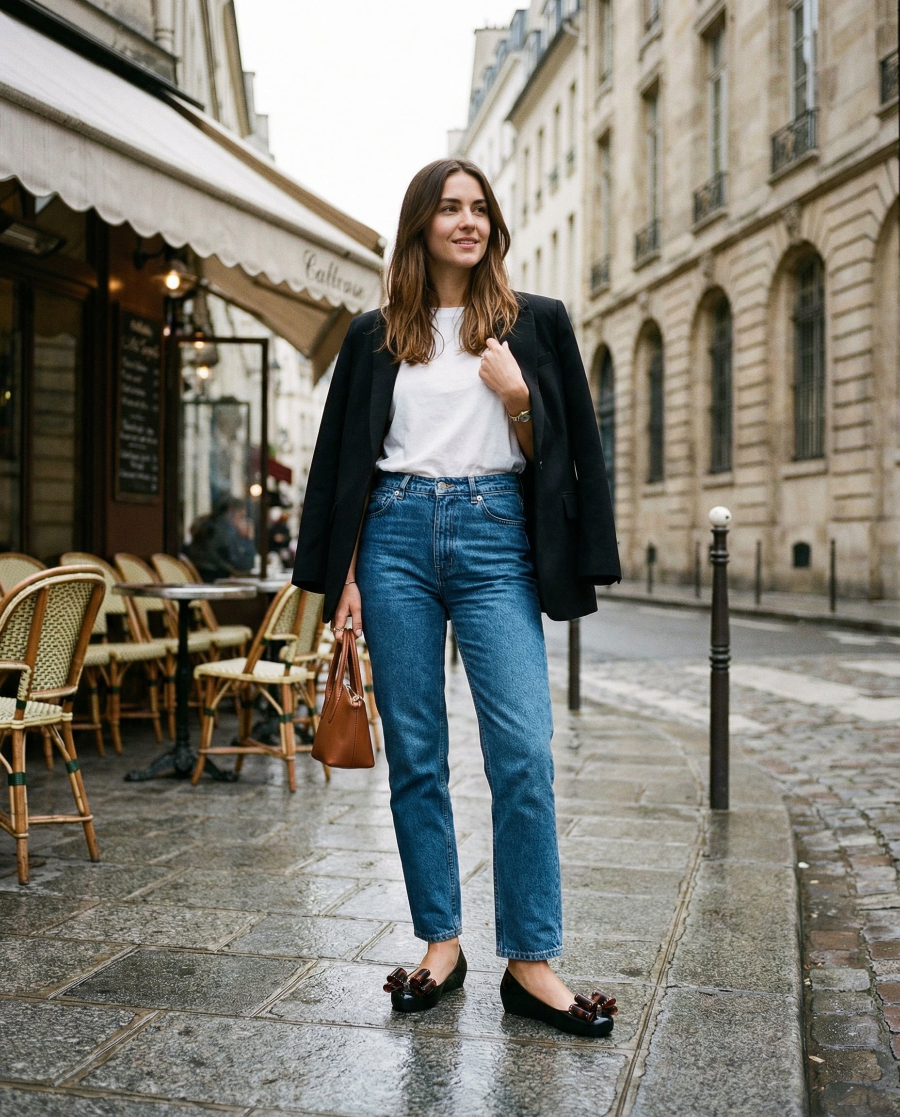Mavi jean pantolon, beyaz tişört ve siyah blazer ceket kombini ile sokakta yürüyen bir mankenin ayağındaki parlak siyah Melissa Ultragirl fiyonklu babetler; genel plan sokak modası fotoğrafı.