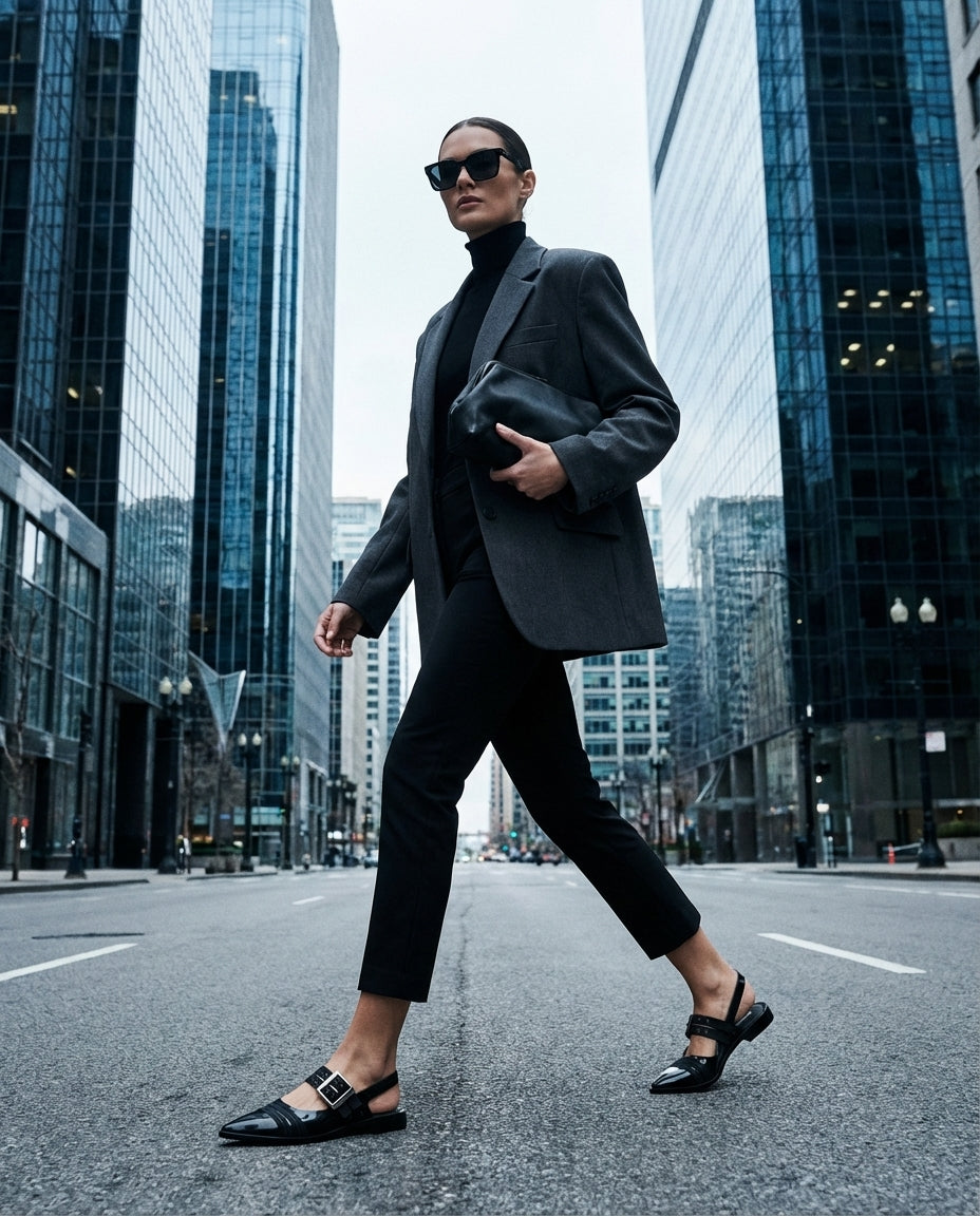 Siyah kumaş pantolon ve gri blazer ceket kombini ile şehirde yürüyen bir iş kadınının ayağındaki siyah Melissa Ladylike tokalı sivri burun ayakkabılar; genel plan ofis şıklığı fotoğrafı.