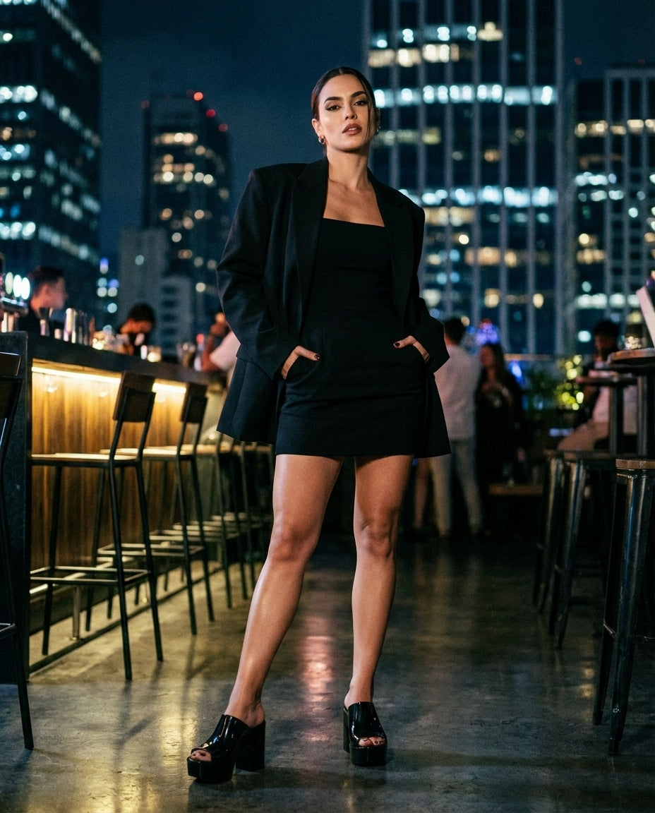 Siyah mini elbise ve blazer ceket kombini ile gece şehir manzaralı terasta poz veren bir mankenin ayağındaki parlak siyah Melissa Mule Hype yüksek topuklu terlikler; genel plan gece yaşam tarzı fotoğrafı.