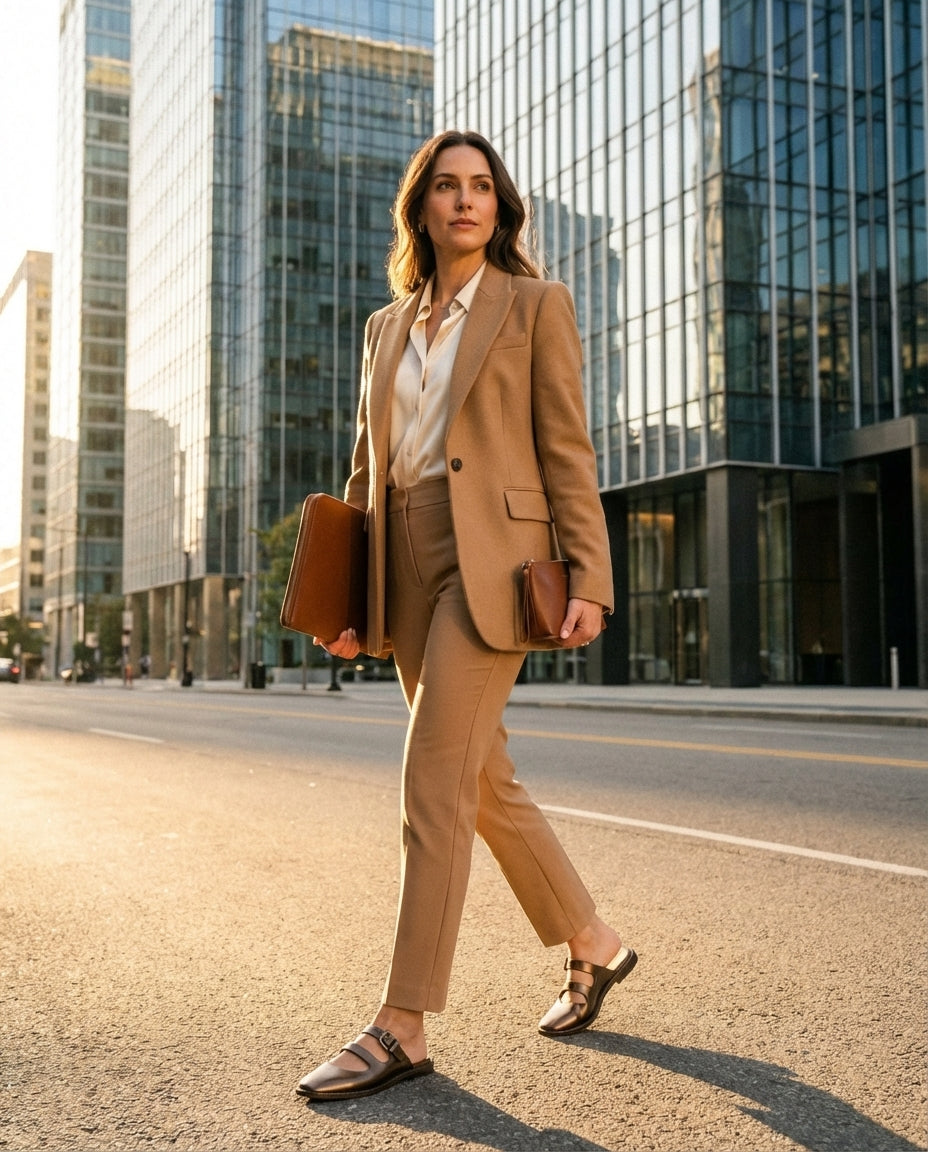 Camel blazer ceket ve kumaş pantolon kombini ile şehirde yürüyen bir iş kadınının ayağındaki bronz Melissa Anastasia kare burun terlikler; genel plan ofis şıklığı ve şehir modası fotoğrafı.