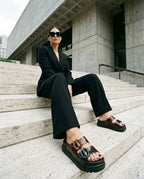 Siyah blazer ceket ve geniş pantolon kombini ile şehirde taş merdivenlerde oturan bir mankenin ayağındaki siyah/tortoise Melissa Cozy Platform terlikler; genel plan estetik şehir stili fotoğrafı.
