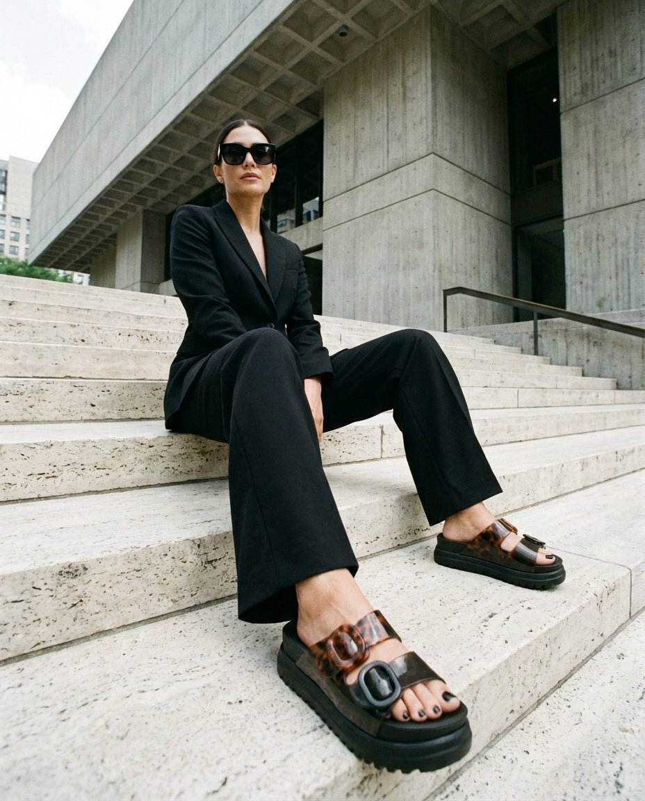 Siyah blazer ceket ve geniş pantolon kombini ile şehirde taş merdivenlerde oturan bir mankenin ayağındaki siyah/tortoise Melissa Cozy Platform terlikler; genel plan estetik şehir stili fotoğrafı.