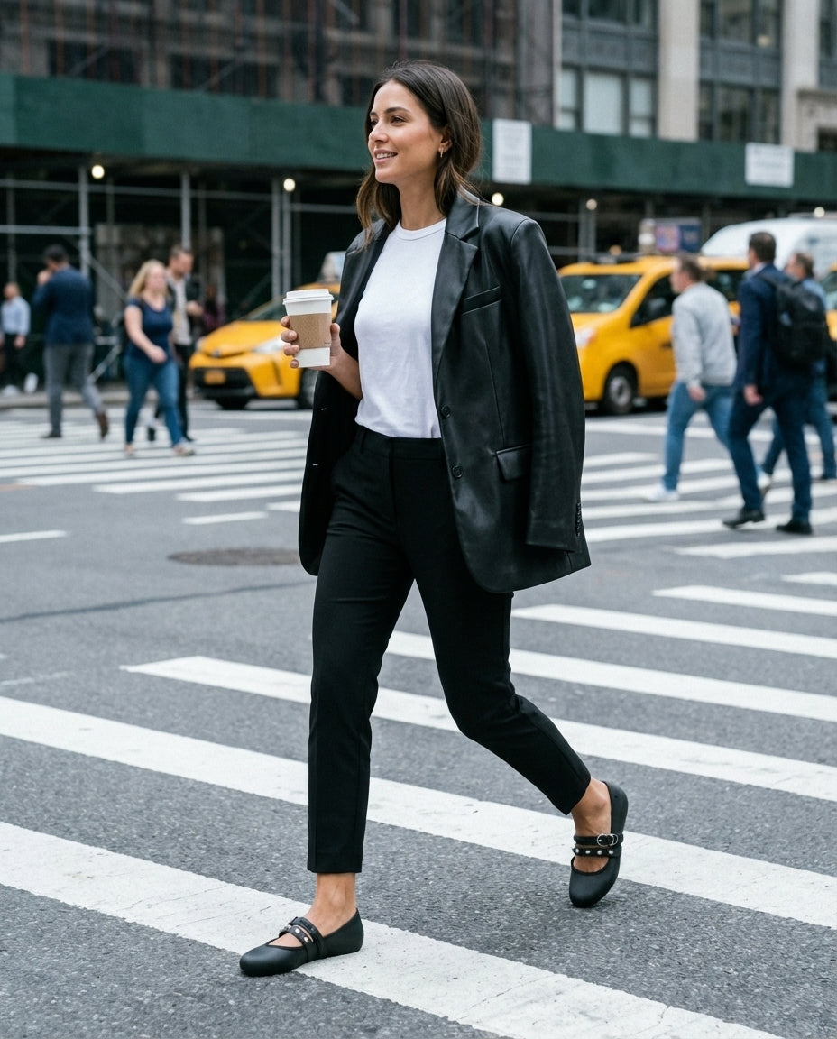 Siyah deri blazer ve kısa paça pantolon kombini ile şehirde yürüyen bir kadının ayağındaki siyah Melissa Soft Ballerina Studs zımbalı babetler; genel plan dinamik sokak stili fotoğrafı.