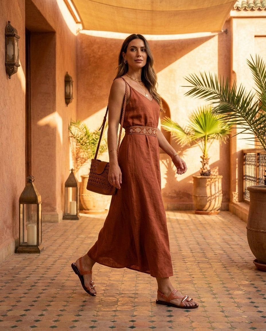 Toprak tonlarında elbise ile egzotik bir otelde yürüyen bir kadının ayağındaki Rose Gold detaylı ve mercan bantlı Melissa Iris Sandal sandaletler; genel plan bohem lüks yaz stili fotoğrafı.