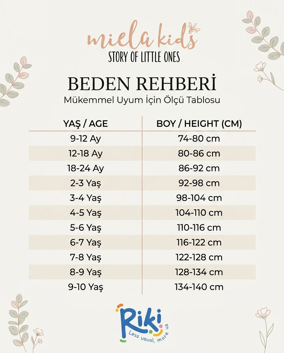 Miela Kids çocuk giyim beden rehberi, yaş ve boy ölçü tablosu, 9-12 aydan 9-10 yaşa kadar