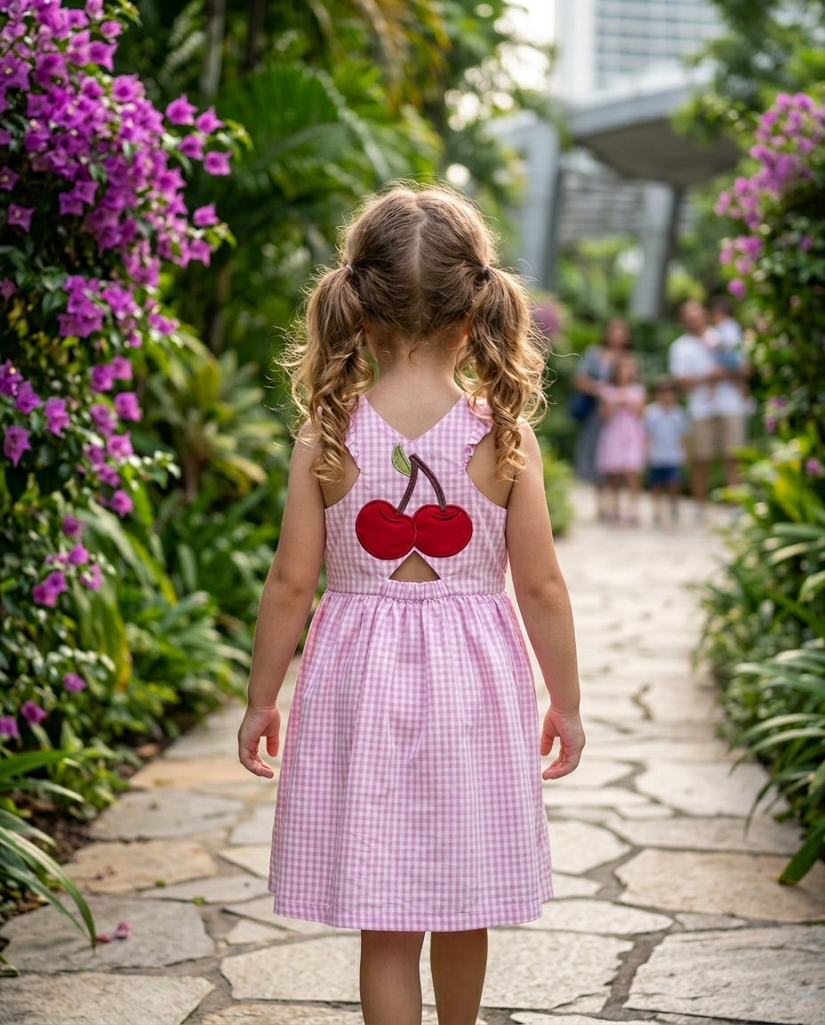 Miela Kids Cherry Detaylı Ekose Pembe Kız Çocuk Elbise | 2-8 Yaş | %100 Pamuk