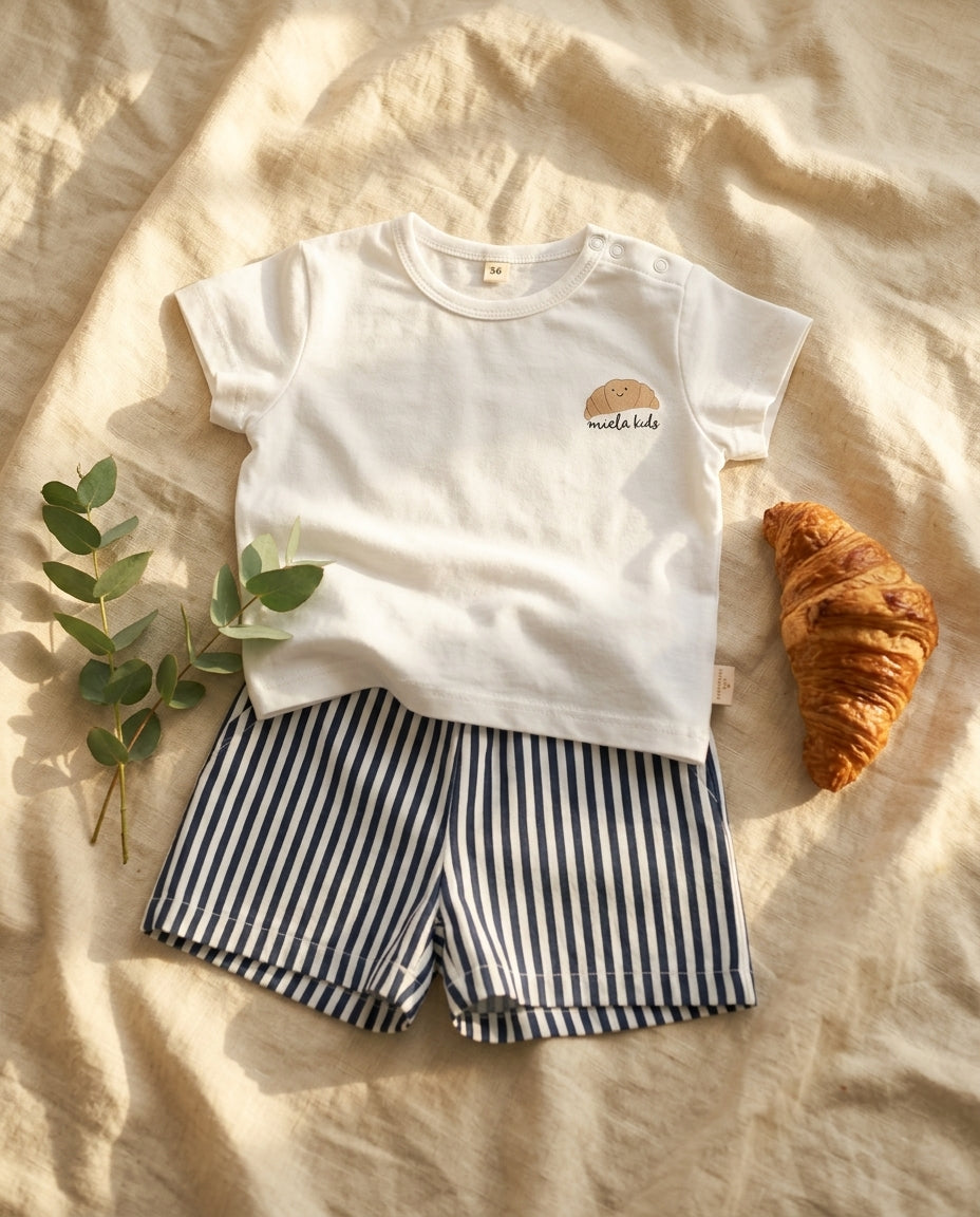 Miela Kids Kruvasan Tişört ve Çizgili Şort Bebek Takımı
