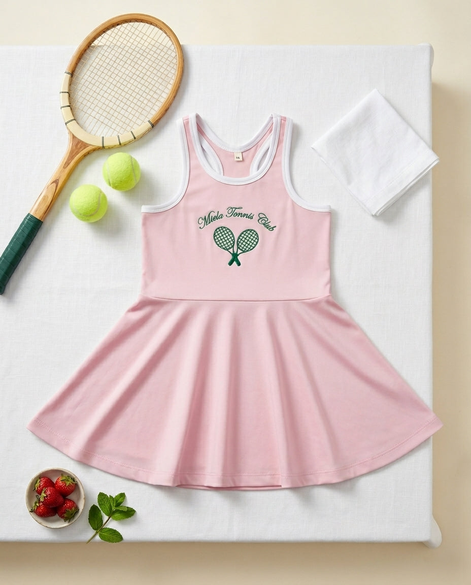 Miela Kids Tennis Club candy pink kız çocuk tenis elbisesi raket toplarla flat lay editorial sahne