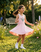 Miela Kids Tennis Club candy pink elbise giyen kız çocuk yaz bahçesinde golden hour dönerken etek savruluyor