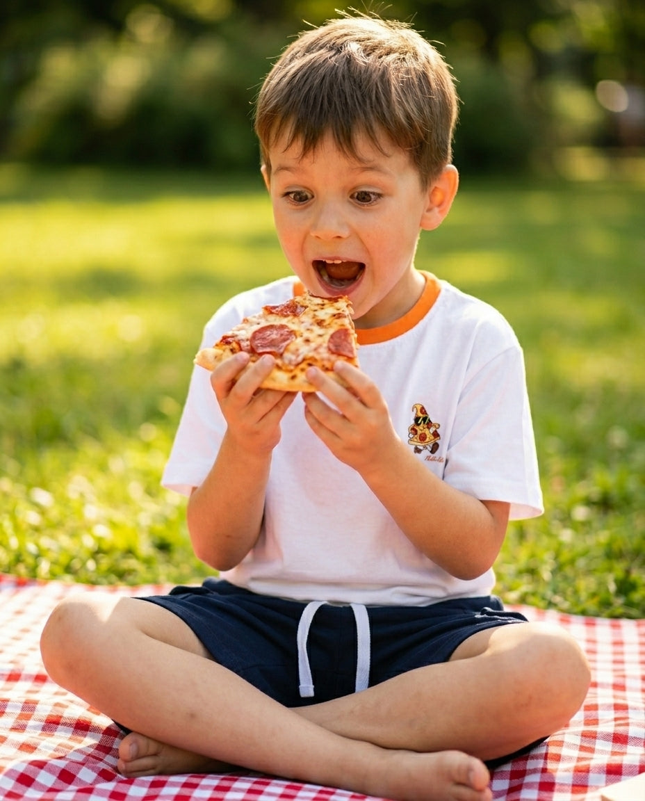 Miela Kids pizza takımı giyen erkek çocuk piknik örtüsünde pizza dilimiyle oturuyor