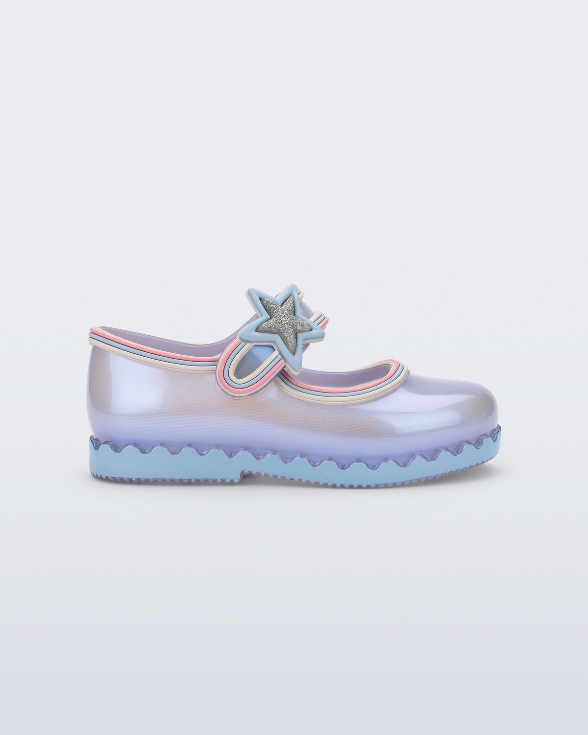 Mini Melissa Hip Ballerina Star sedefli mavi babet yandan; pastel çizgili biye ve mavi dalgalı taban.