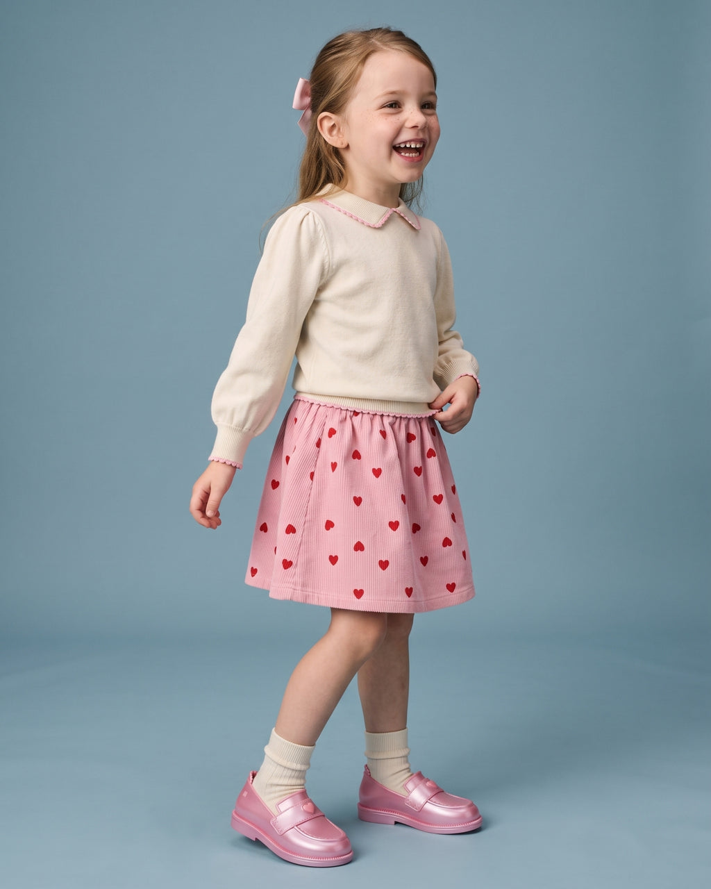 Mini Melissa pudra ayakkabı giyen kız çocuk; sedefli pembe kalp düğmeli loafer, krem triko ve kalpli pembe kadife etek kombini.