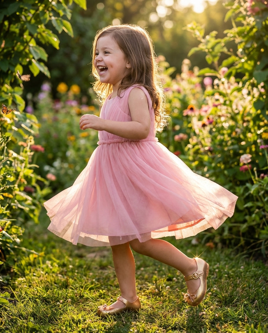 Mini Melissa Sweet Love Simli Gold Babet Kombini - Pembe Tül Elbiseli Kız Çocuk Bahçe Fotoğrafı - Özel Gün ve Parti Ayakkabısı Modası