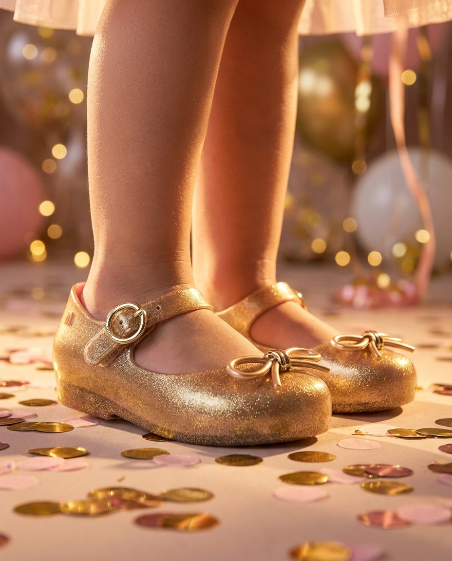 Mini Melissa Sweet Love Simli Gold Kız Çocuk Babeti - Işıltılı Yüzey ve Pembe İç Taban Detaylı Ortopedik Ayakkabı Yakın Çekim