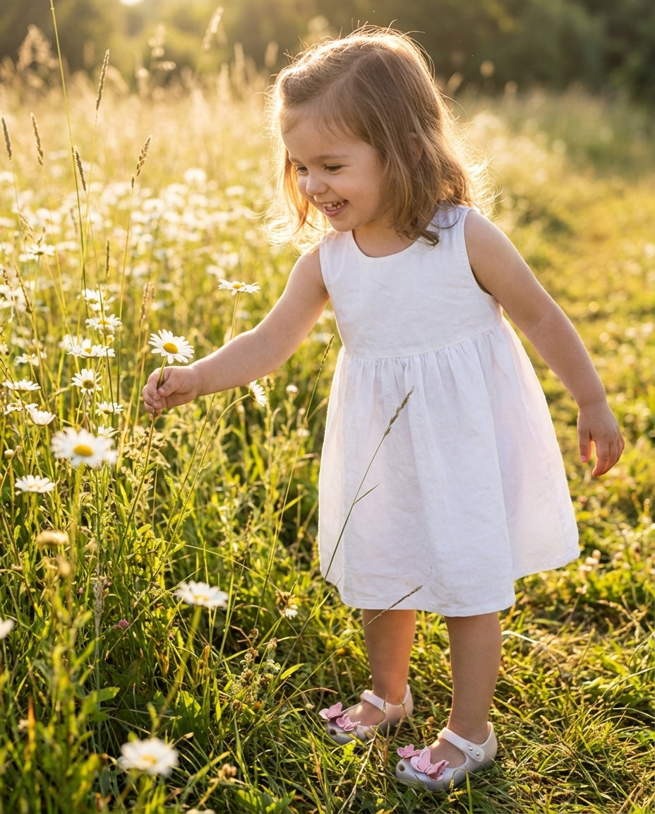 Mini Melissa Ultragirl Fly Baby Beyaz Babet Kombini - Beyaz Elbiseli 3-4 Yaş Kız Çocuk Kır Fotoğrafı - Yazlık ve Baharlık Çocuk Modası