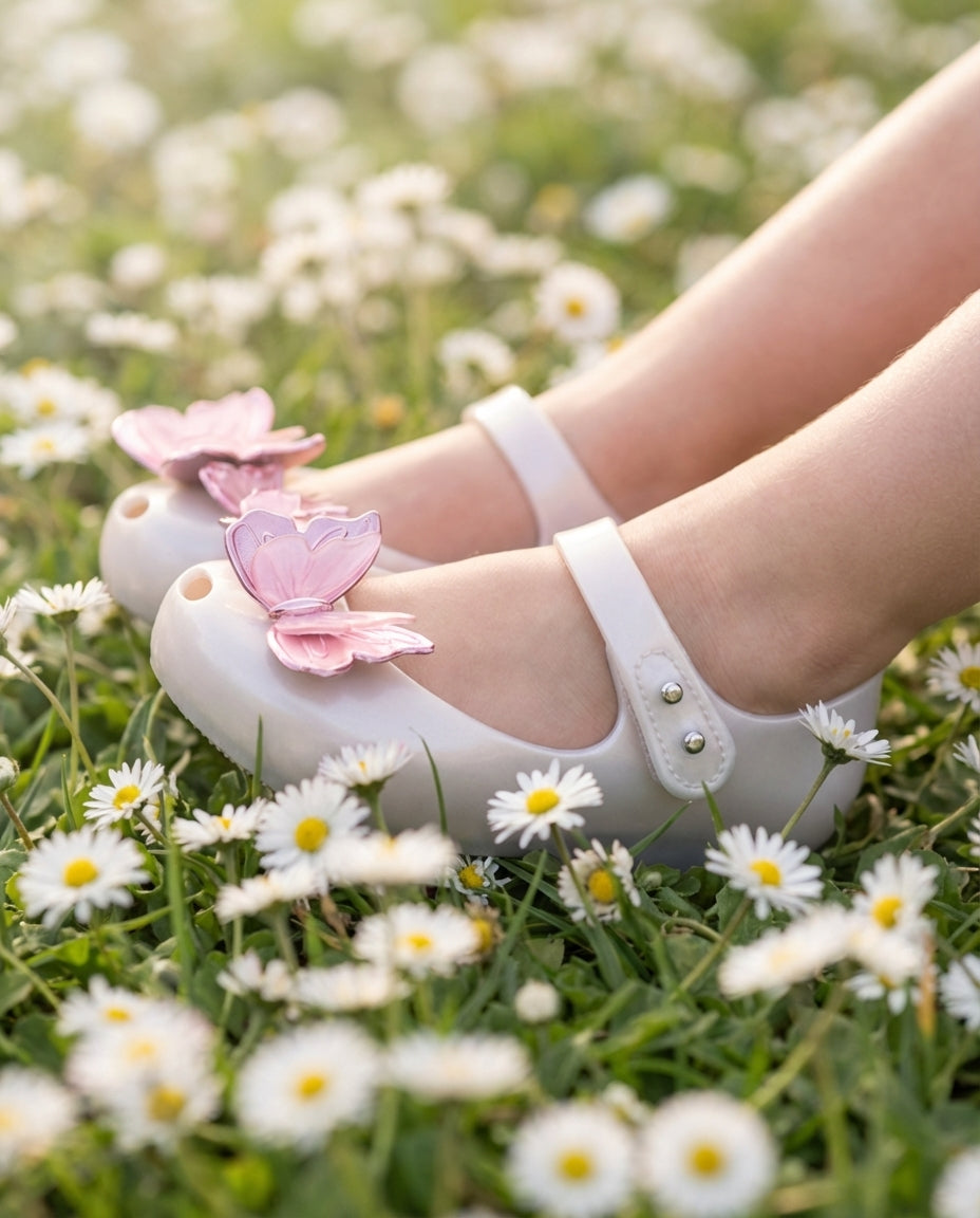 Mini Melissa Ultragirl Fly Baby Beyaz Kız Çocuk Babet - Kelebek Aplike Detaylı Beyaz Çocuk Ayakkabısı Yakın Çekim