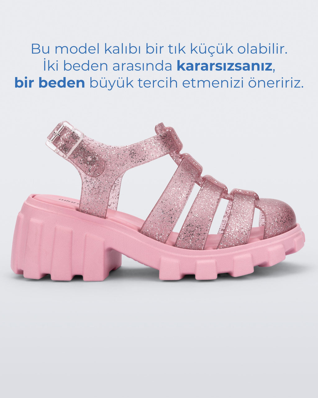 Mini Melissa Megan pembe simli platform topuk beden uyarısı
