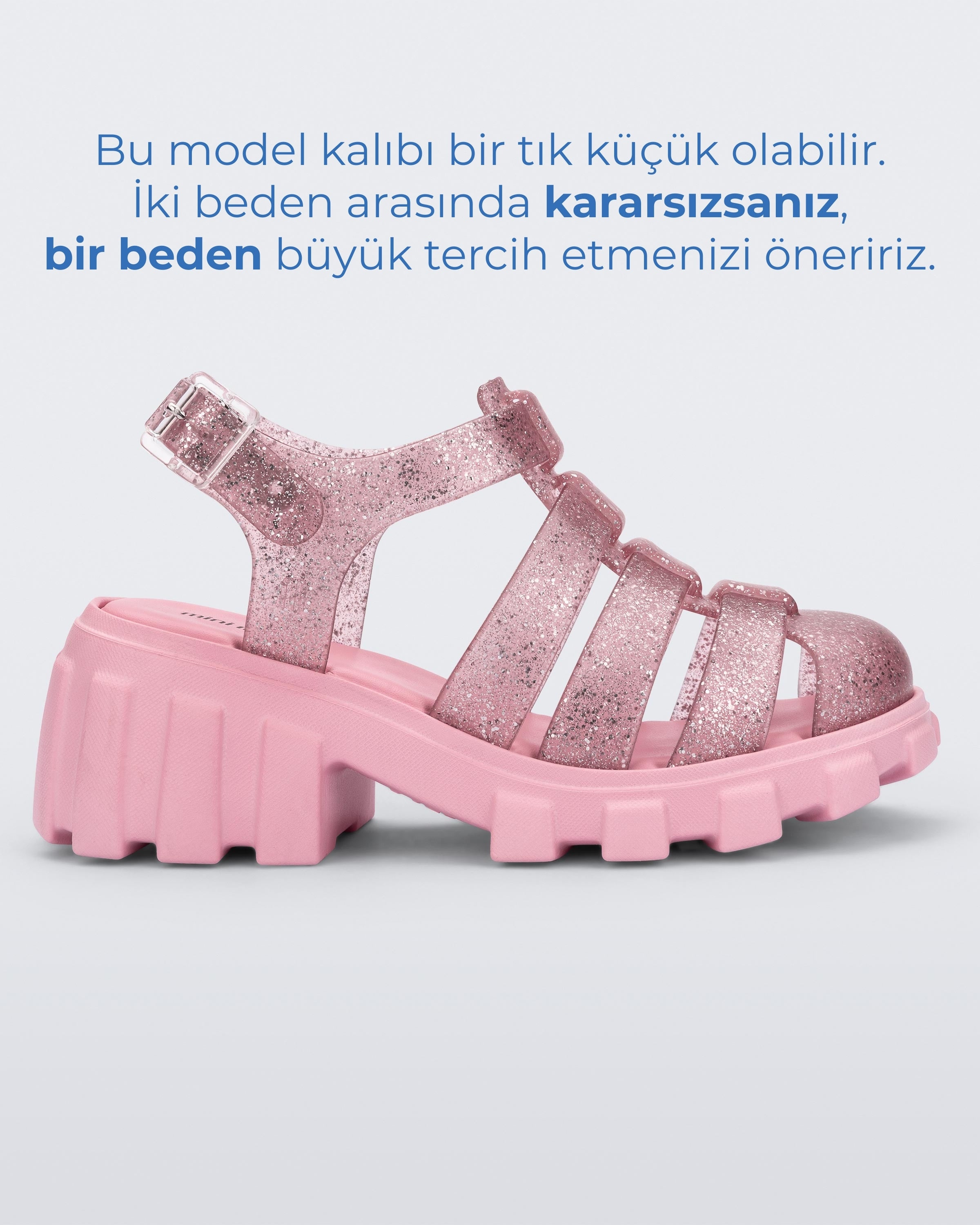 Mini Melissa Megan pembe simli platform topuk beden uyarısı