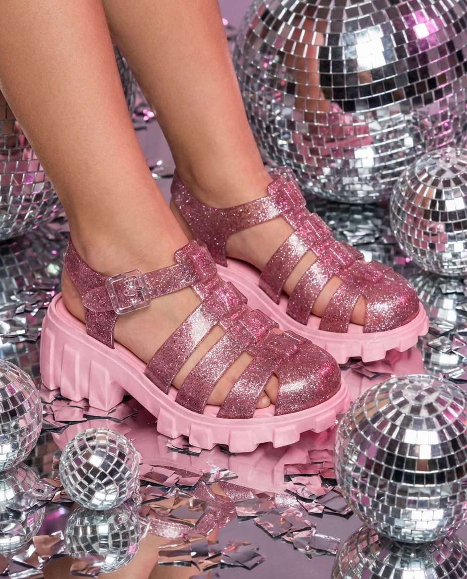 Mini Melissa Megan Pembe Simli Sandalet - Disko Topu Temalı Işıltılı Yakın Çekim - Kalın Tabanlı ve Fisherman Model Kız Çocuk Ayakkabısı