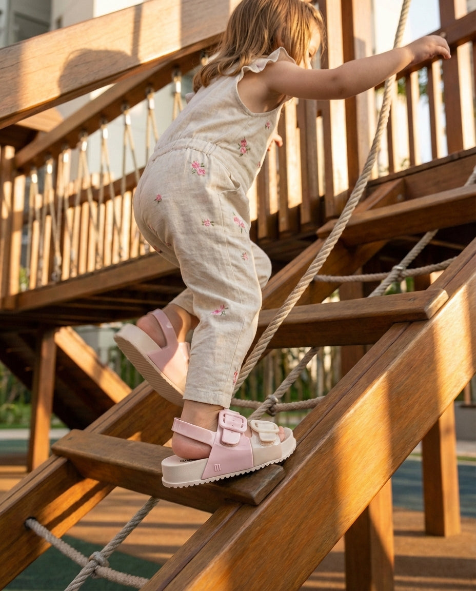 Parkta oyun oynarken tırmanan aktif çocuk ve ayağından çıkmayan güvenli Mini Melissa Cozy sandaletler. Hareket halindeki çocuklarda bile tam kavrama sağlayan arka bant detayı.