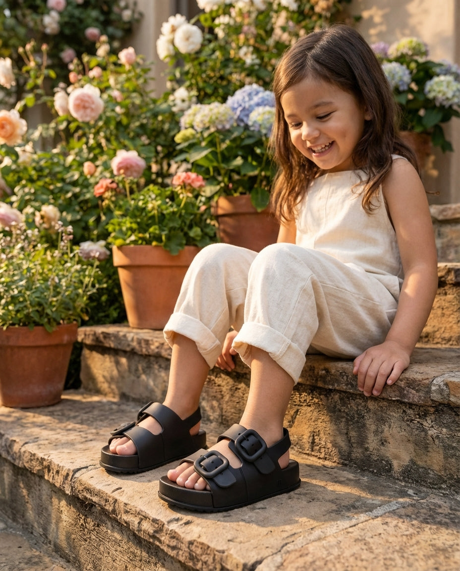 Güneşli bir bahçede taş merdivenlerde oturan 5 yaşında sevimli kız çocuğu. Krem rengi tulumunun altında dikkat çeken mat siyah Mini Melissa Cozy sandaletler ile boydan görünüm